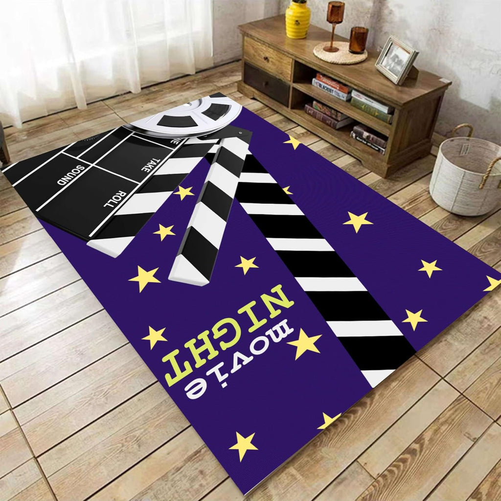 Movie Clapboard Area Rug,6x8ft,On Purple Background Have Film Reel Pattern Rug,for Boys Teens, Vintage Film Clapper Theme Non Slip Carpet, Home Theater Movie Theater Cinema Decorative Rug