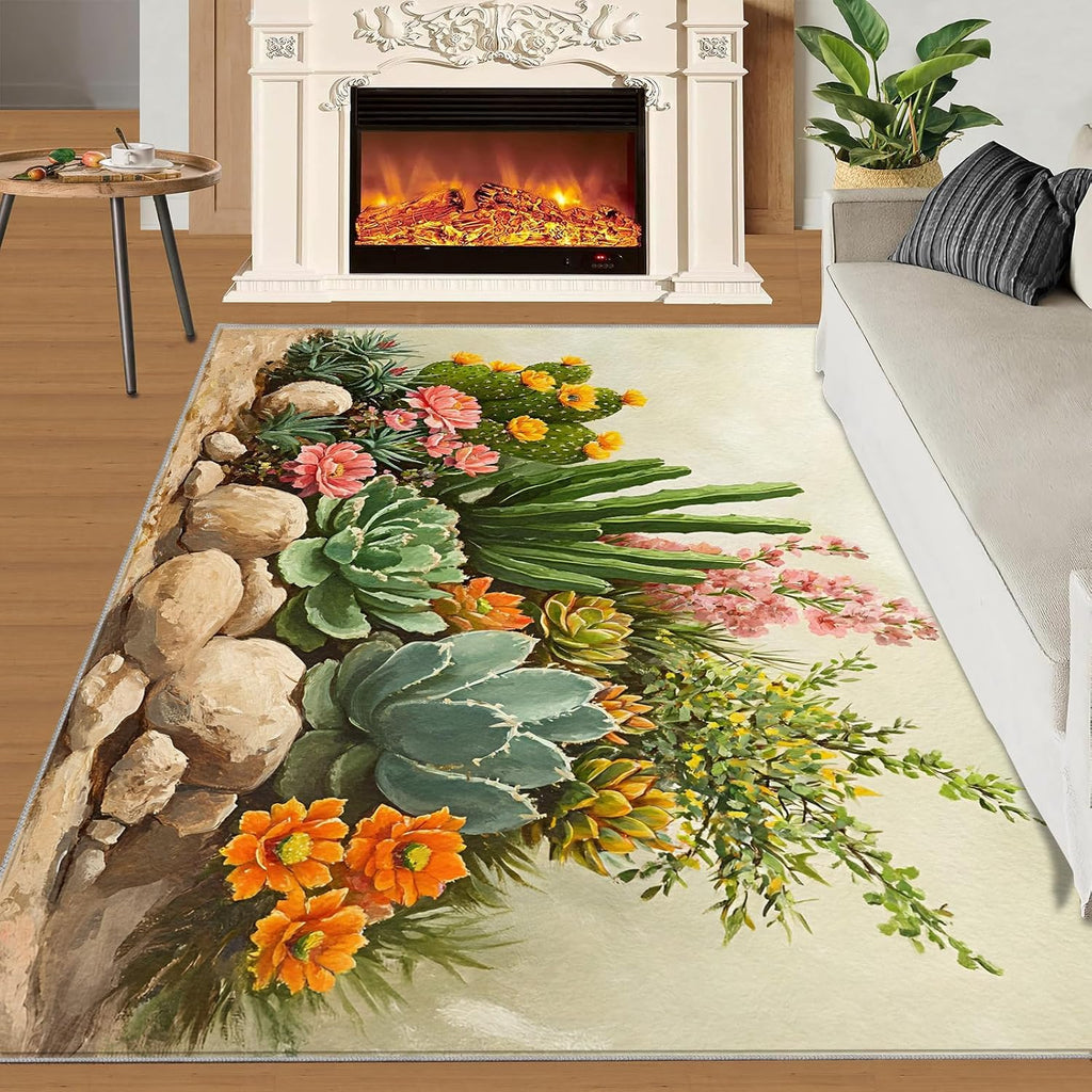Flowers Rug 6x8, Cactus Area Rug, Desert Plants Rugs for Living Room, Decor Rugs for Bedroom, Low Pile Non Slip Carpet