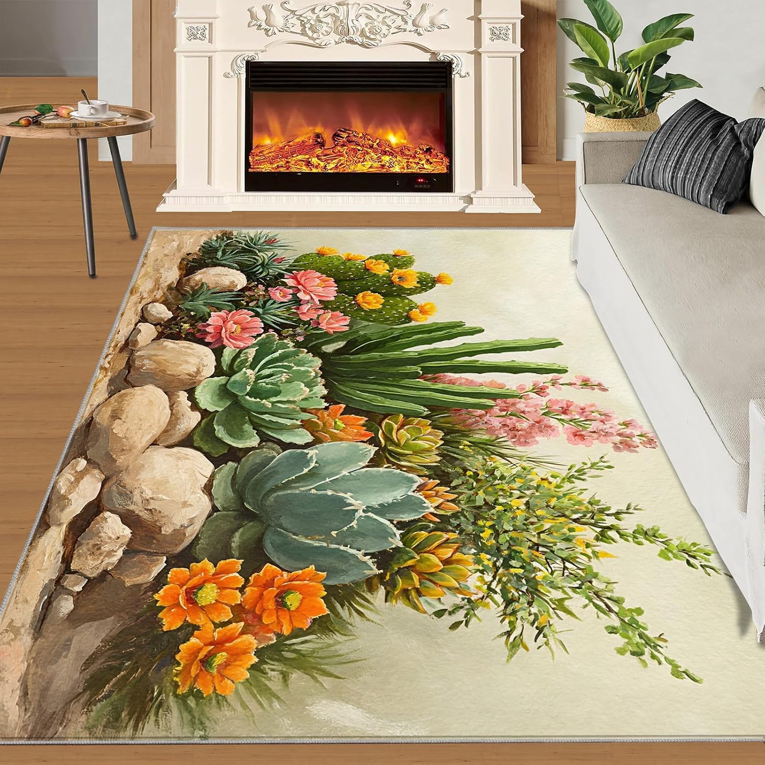 Flowers Rug 6x8, Cactus Area Rug, Desert Plants Rugs for Living Room, Decor Rugs for Bedroom, Low Pile Non Slip Carpet