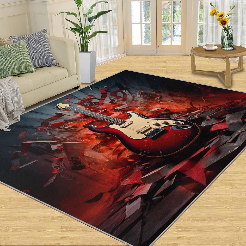 Guitar Home Decor Area Rug - Cool Guitar Bedroom Rug - Music Lover Living Room Rugs - Non-Slip Low Pile Carpet for Kids Room Band Recording Studio 6x8ft
