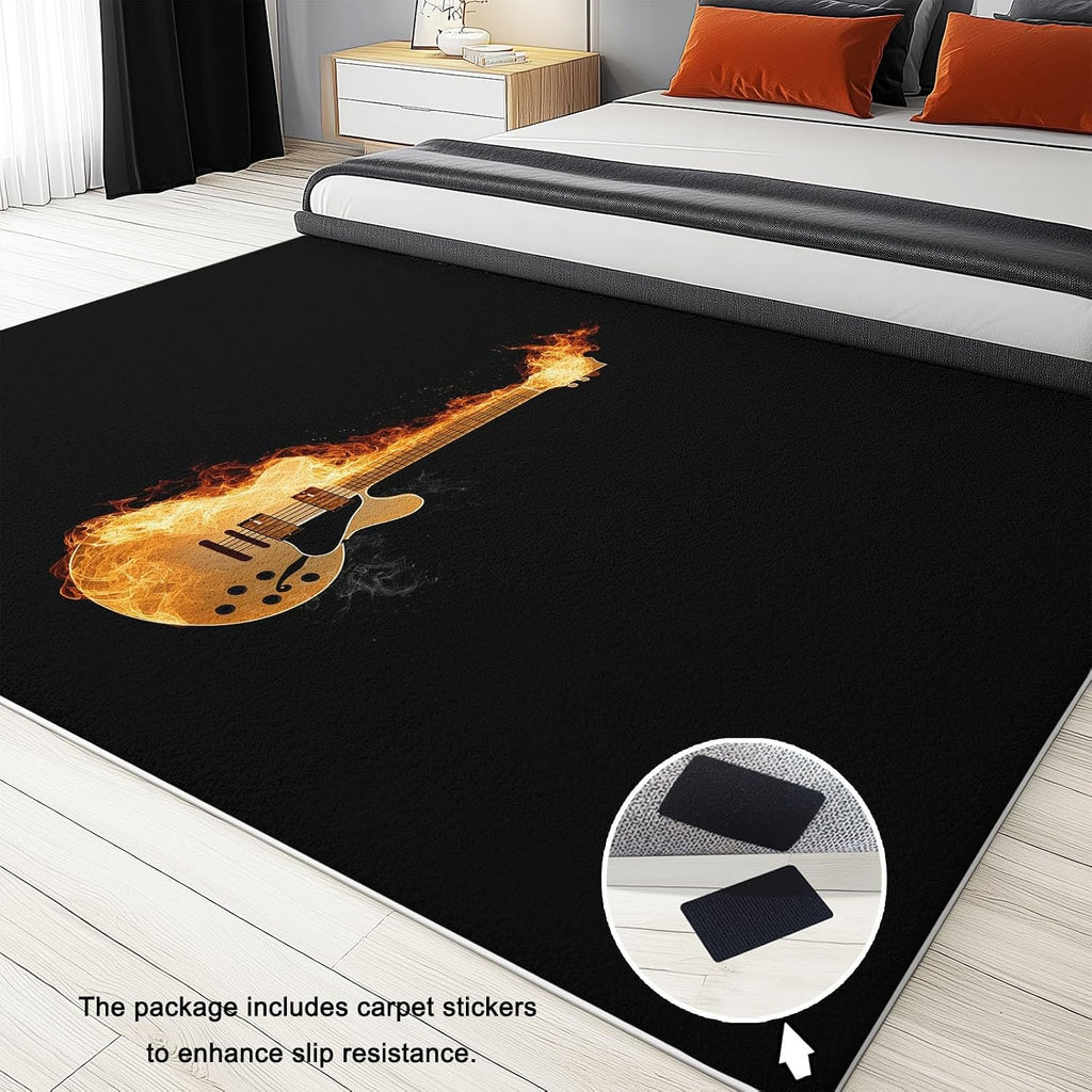 Modern Art Washable Living Room Rugs, 6' x 9' Area Rugs for Bedroom ‎‎‎‎Nursery Soft Non-Slip Stain Resistant Music Flaming Guitar Print Throw Carpet for Kids Playroom Office