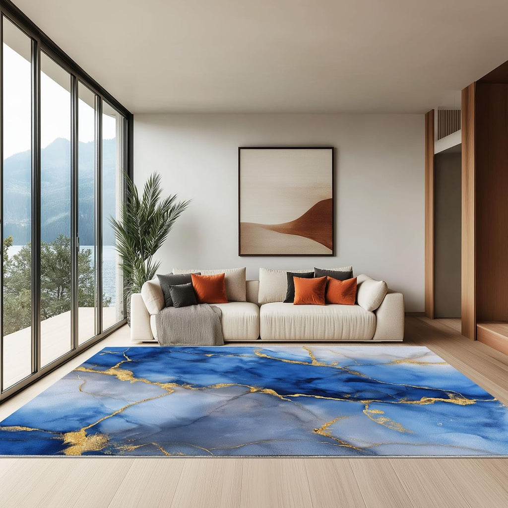 Abstract Art Washable Living Room Rugs, 6' x 8' Area Rugs for Bedroom ‎‎‎‎Nursery Soft Non-Slip Stain Resistant Luxury Marble Stripes Print Throw Carpet for Kids Playroom Office