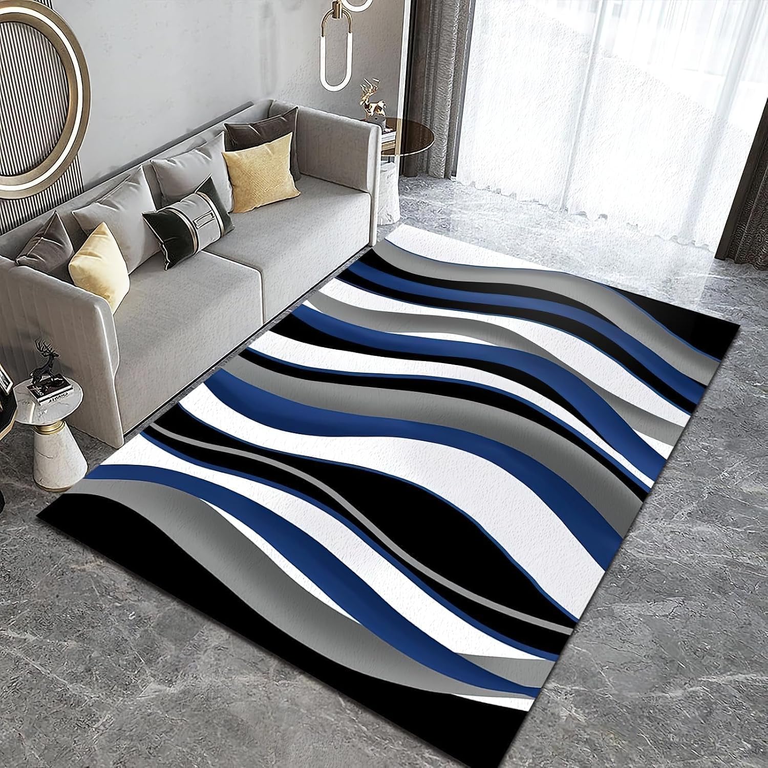 6x8 Rug Blue Twisted Lines Gradient Indoor Non-Slip Kids Rug, Abstract Irregular Black White Gray Upholstery Rug with Non-Slip Backing for Kids Boys Girls Bedroom Living Room Dining Room