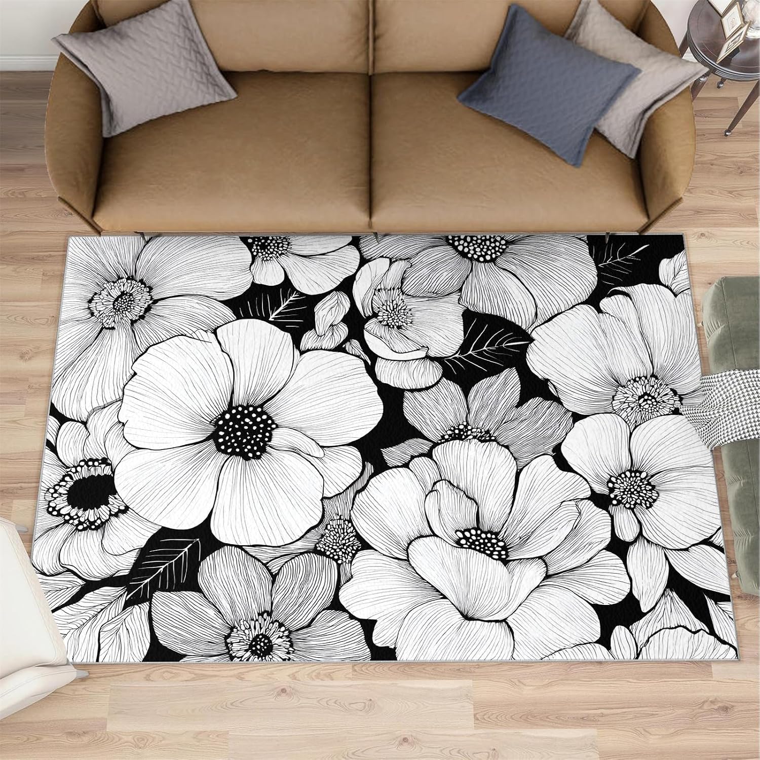 Florals Rugs for Bedroom, Flowers Rug 6x8, Rustic Florals Dining Room Rugs Washable & Non Slip Large Carpet for Home Decor