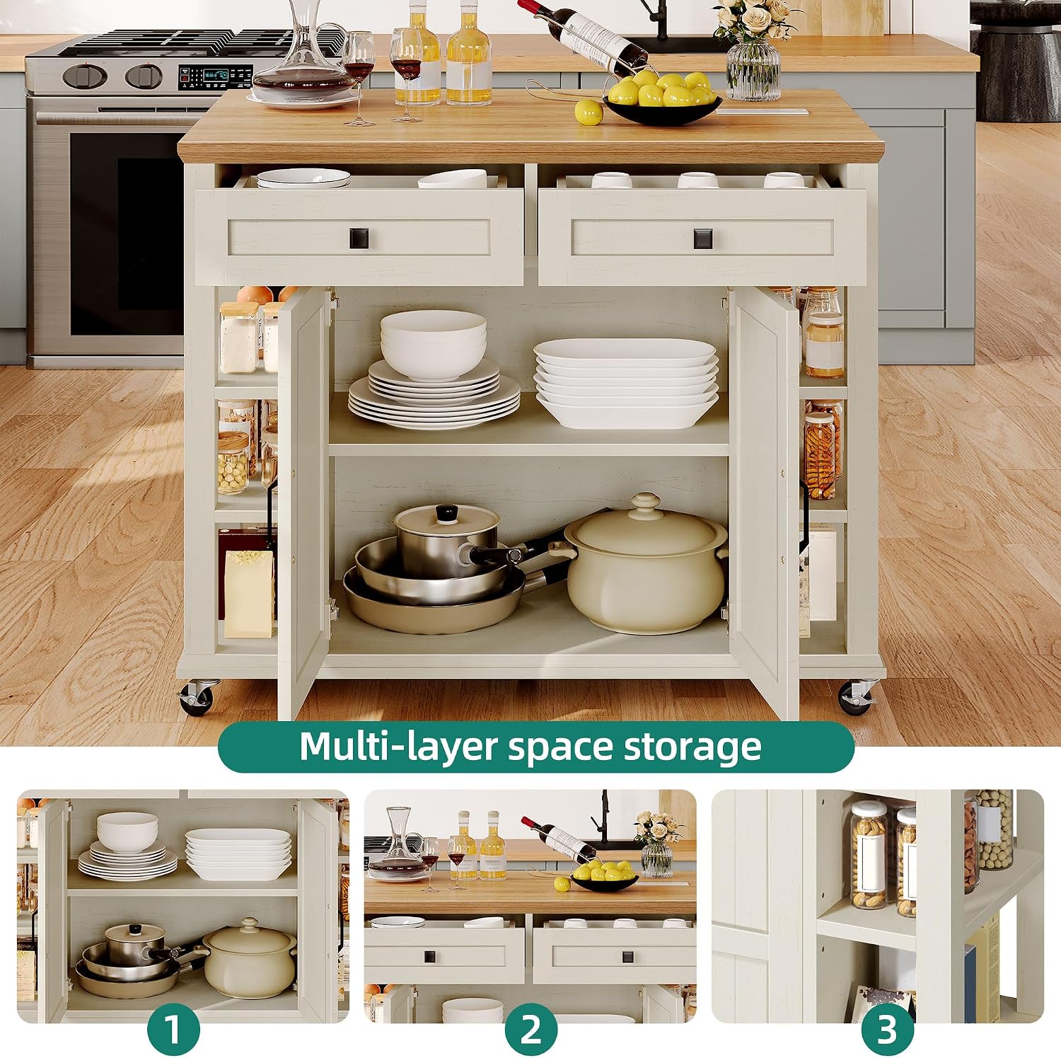 YITAHOME Kitchen Island with Drop Leaf, Mobile Storage Island with Power Outlet, Americana Rolling Kitchen Carts with Storage Shelves and Drawers, Island Table on Wheels for Dining Room, Beige