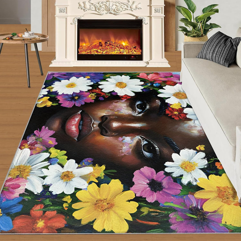 African American Rug 6x8-6x8 Rug, Afro Black Girl Washable Rugs for Living Room, Watercolor Carpet, Afro Girl Non-Slip Area Rugs for Bedroom, Floral Carpet, African Woman Home Decor