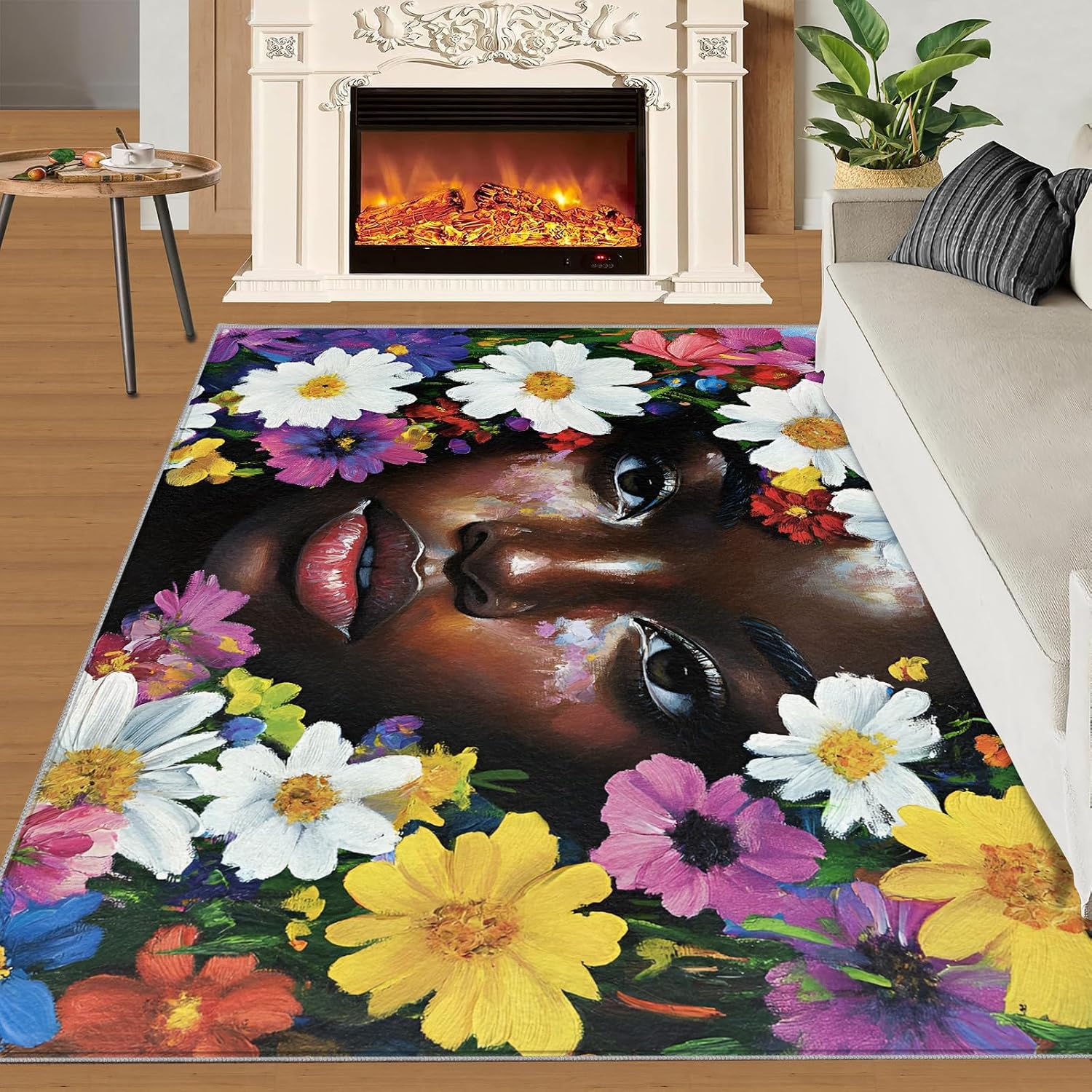 African American Rug 6x8-6x8 Rug, Afro Black Girl Washable Rugs for Living Room, Watercolor Carpet, Afro Girl Non-Slip Area Rugs for Bedroom, Floral Carpet, African Woman Home Decor