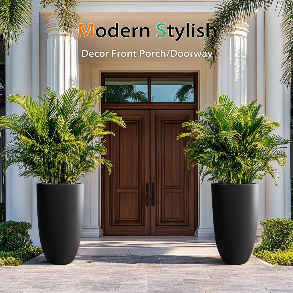 Heyzier Tall Planters for Outdoor Plants, Large Concrete Flower Pots for Garden Front Porch, Patio, Indoor (Black)