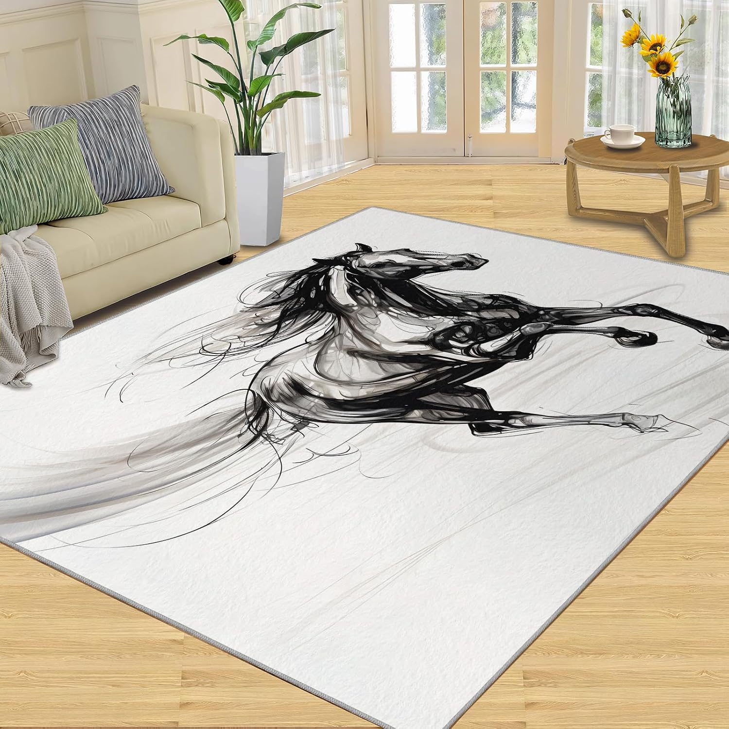 6x8 Rug Black Ink Horse Area Rugs, Ink Animal Horse Soft Washable Carpet, Upholstery Rug with Non-Slip Backing for Kids Boys Girls Bedroom Living Room Dining Room Study