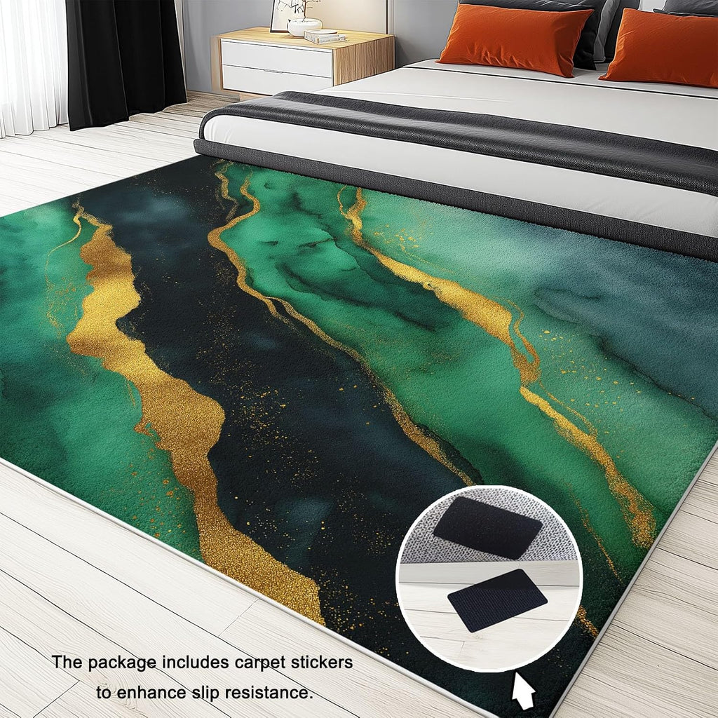 Washable Area Rugs 6' x 8' Non-Slip Watercolor Art Soft Rug, Low Pile Machine Washable Carpet for Living Room Entryway Bedroom Nursery Malachite Marble Stripes Print Pattern Carpet