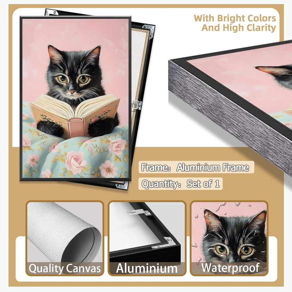 Vintage Cute Cat Canvas Wall Art Funny Cat Covered With Quilt Reading A Book Poster Trendy Cat Lovers Animal Aesthetic Prints Painting For Girls Room Bedroom Dorm Wall Decor 24x36in Framed