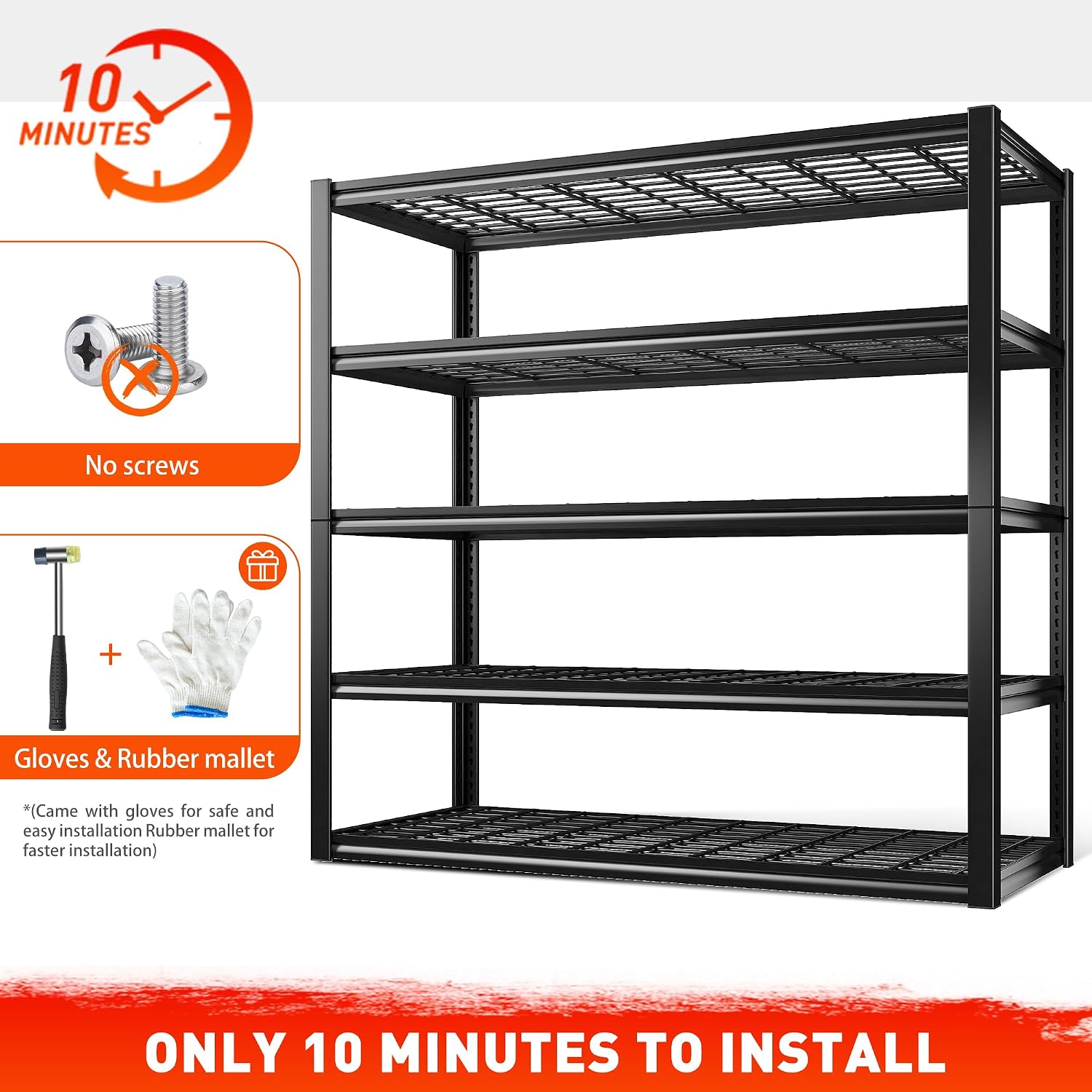 REIBII 48.2''W Garage Shelving Heavy Duty,Metal Shelving 3000LBS Storage Shelves, Adjustable Reinforcing Ribs Wire Mesh,5 Tier Shelf for Basement Pantry Warehouse Supermarket 48.2'W x 24.2'D x 72.2'H