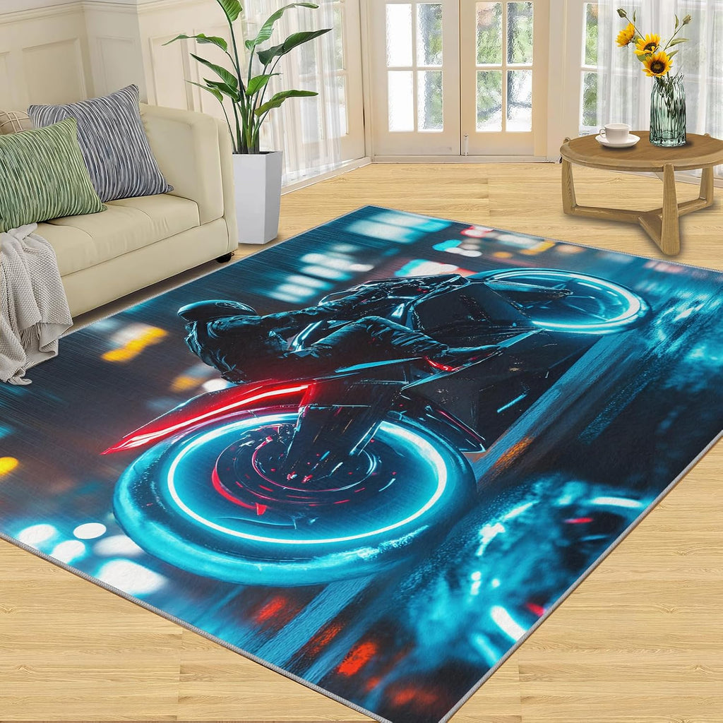6x8 Futuristic Motorcycle Area Rug - Large Rugs for Living Room, Technological City Carpet Area Rug for Girls Bedroom Kids Room Basement Office Classroom