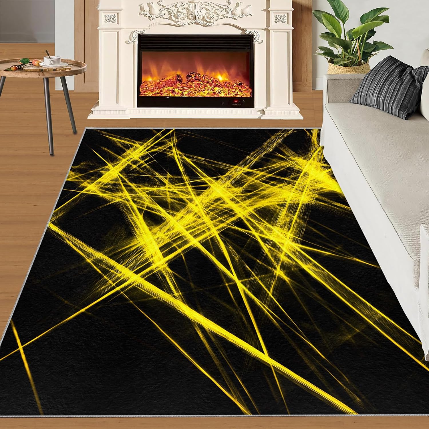 Modern Fashion Rug 6x8-6x8 Rug, Black Yellow Lines Area Rugs for Bedroom, Abstract Rugs for Living Room, Minimalist Washable Mat, Yellow Lines Carpet, Modern Home Decor & Gifts