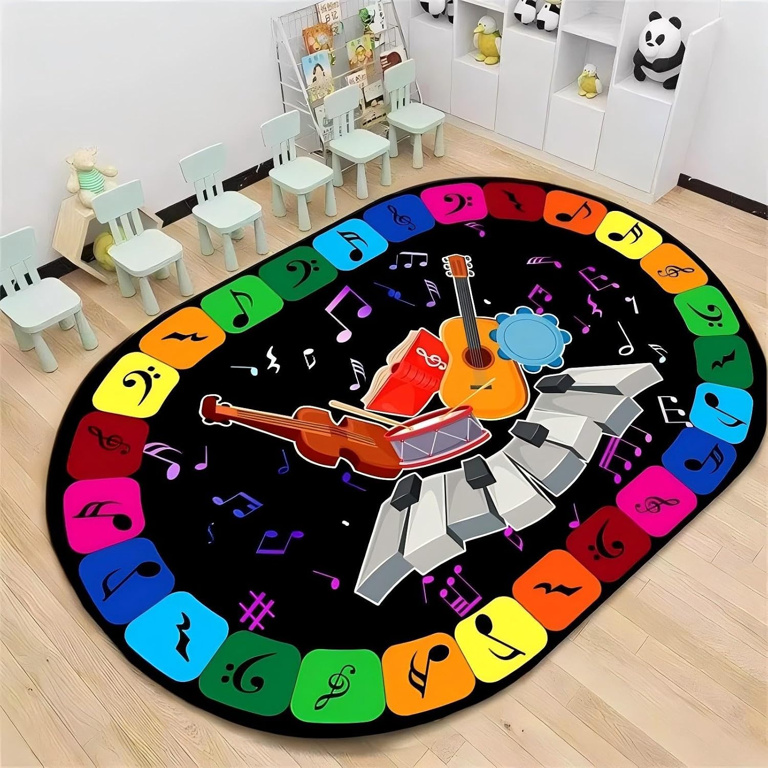 Music Themed Kids Rugs, 6x9ft, Colorful Musical Note Rugs for Bedroom, Music Performance Piano Guitar Washable Non-Slip Rug, Shed Resistant Low Pile Thin Mat for Classroom Floor