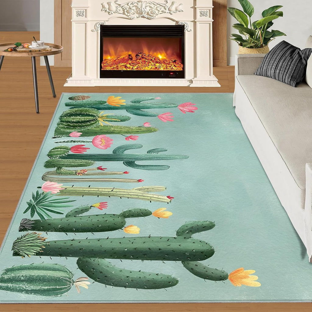 Cactus Rugs for Bedroom, Desert Plants Rug 6x8, Abstract Botanical Dining Room Rugs Washable & Non Slip Large Carpet for Home Decor