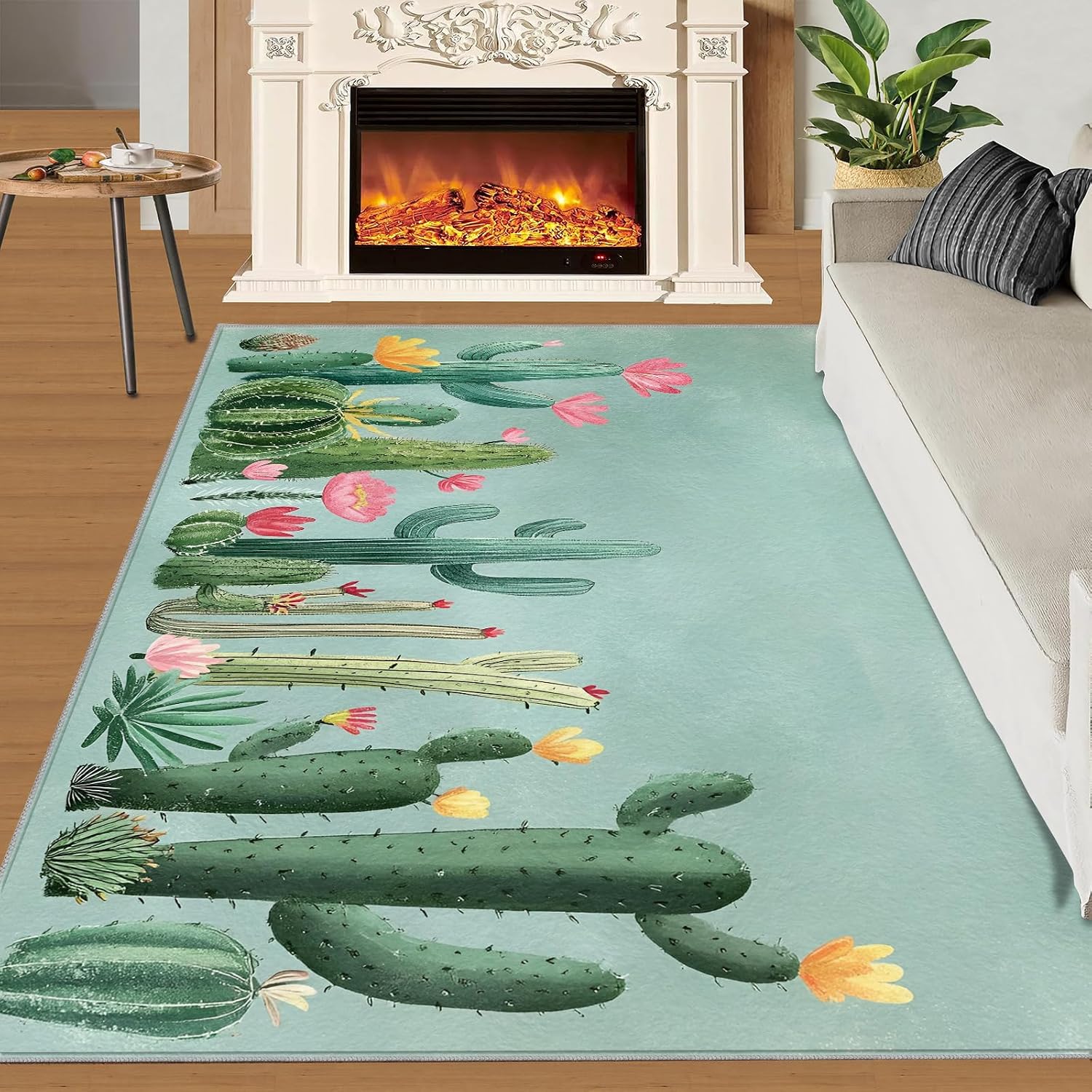Cactus Rugs for Bedroom, Desert Plants Rug 6x8, Abstract Botanical Dining Room Rugs Washable & Non Slip Large Carpet for Home Decor