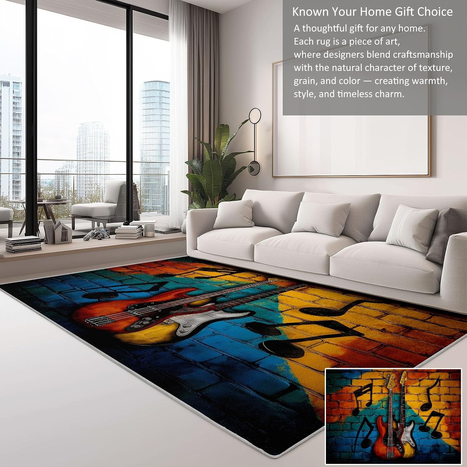 Area Rugs for Living Room 6x8 ft Colorful Guitar Notes Washable Area Rug Modern Non-Slip Indoor Floor Carpet for Bedroom, Farmhouse, Dining Room, Kids Playroom, Home Office