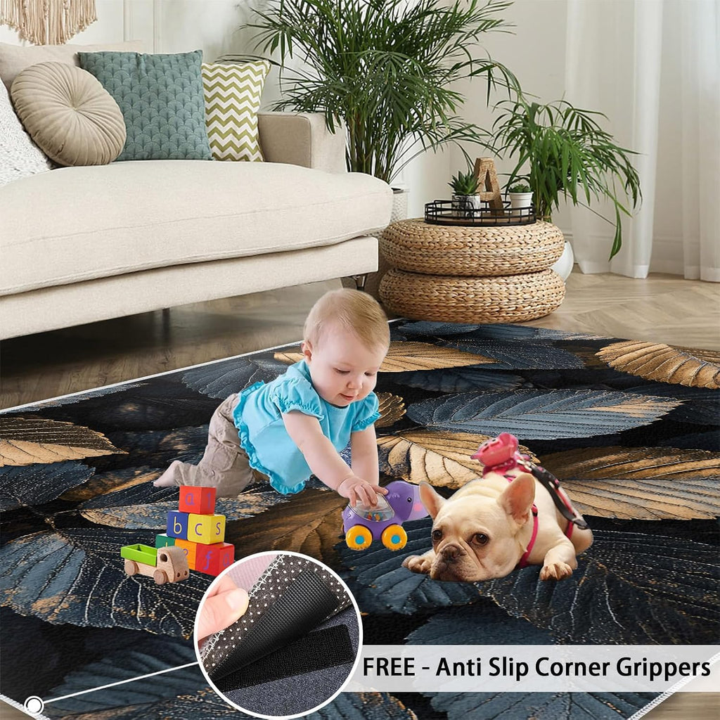 Leaves Rug - 6x8 Rug, Black Gold Leaf Area Rugs for Bedroom, Botanical Rugs for Living Room, Plant Carpet, Washable Carpet, Leaves Home Decor & Gifts