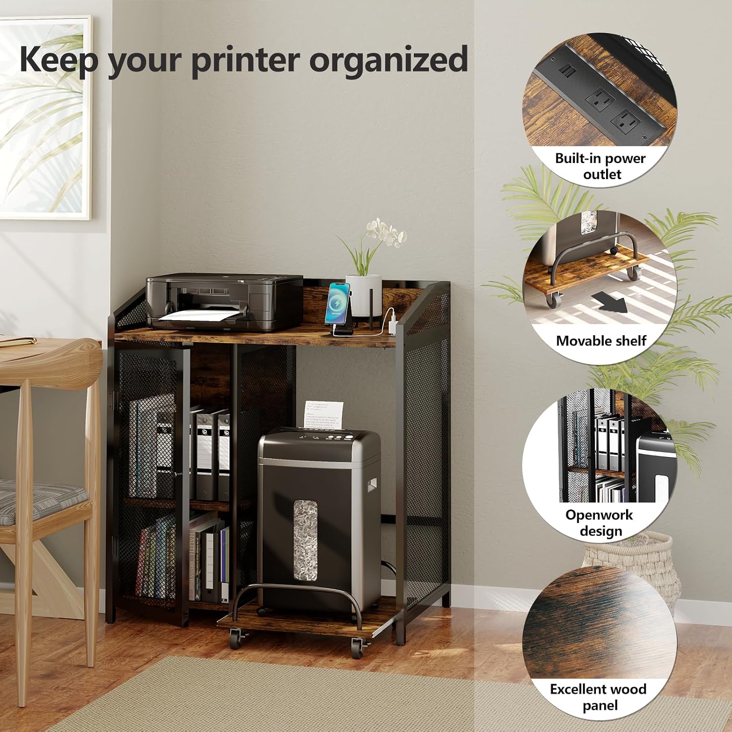 EasyCom Printer Stand with Charging Station and Paper Shredder Stand – 3 Tier Lateral Printer Table with Open Storage Shelves- Printer Shelf for Office Home Use with Adjustable Shelves and Mesh Door