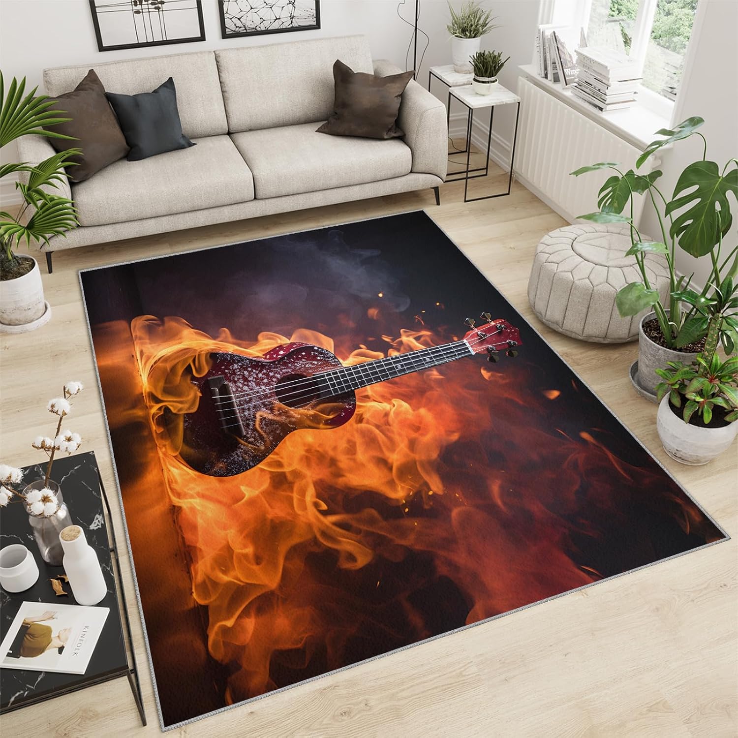 Flame Guitar Area Rug 5x8ft Rock Band Rugs for Boy Room, Cool Electric Guitar Kids Rug, Non-Slip Low Pile Carpet for Music Lovers Bedroom Band Music Room Recording Studio