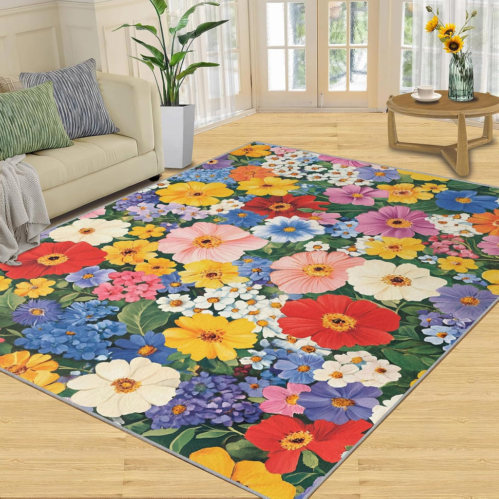 Colorful Florals Rug 6x8 - Dense Florals Large Rugs for Living Room, Vibrant Flowers Carpet Area Rug for Girls Bedroom Kids Room Basement Office Classroom