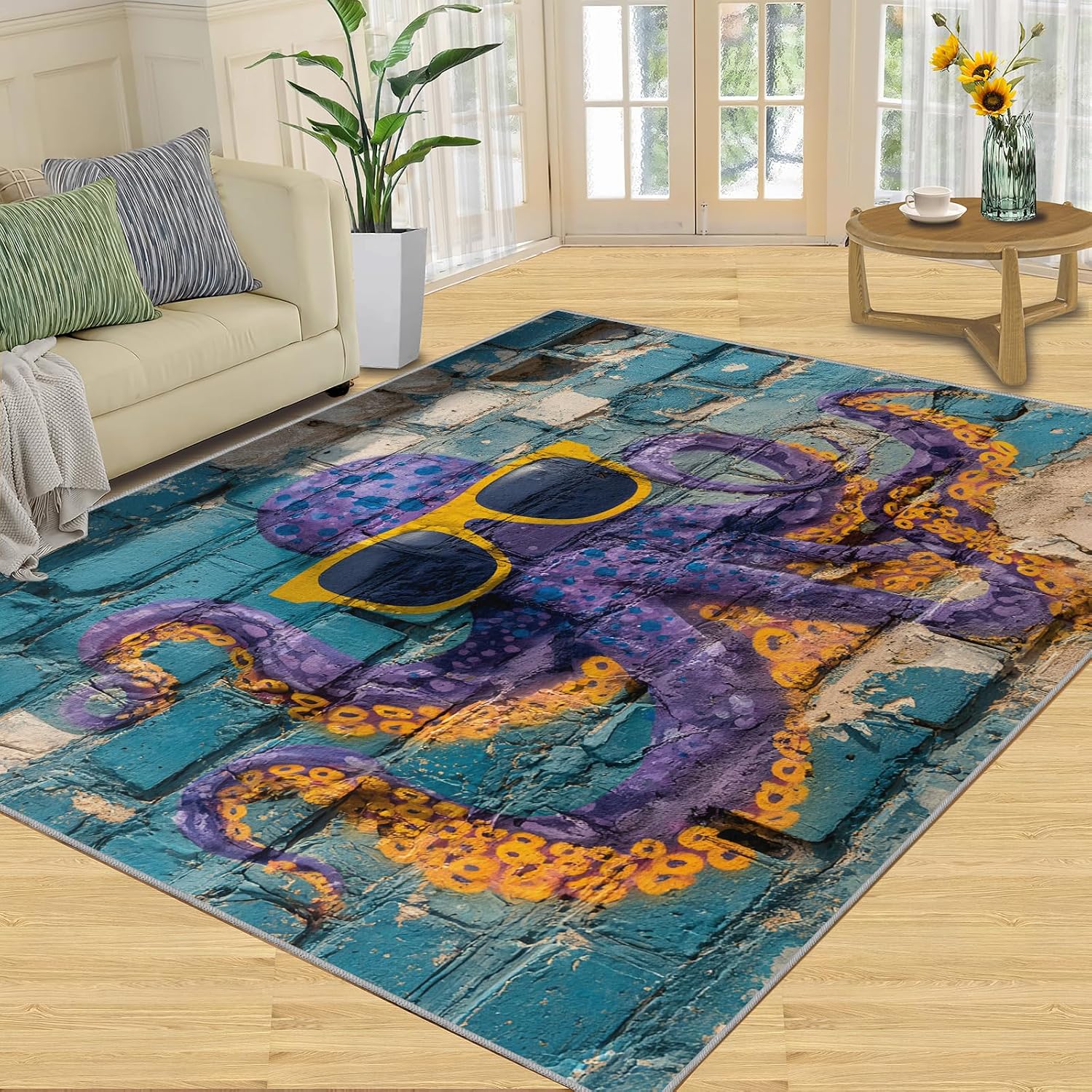 Graffiti Rugs for Bedroom, Street Art Rug 6x8, Octopus Dining Room Rugs Washable & Non Slip Large Carpet for Home Decor