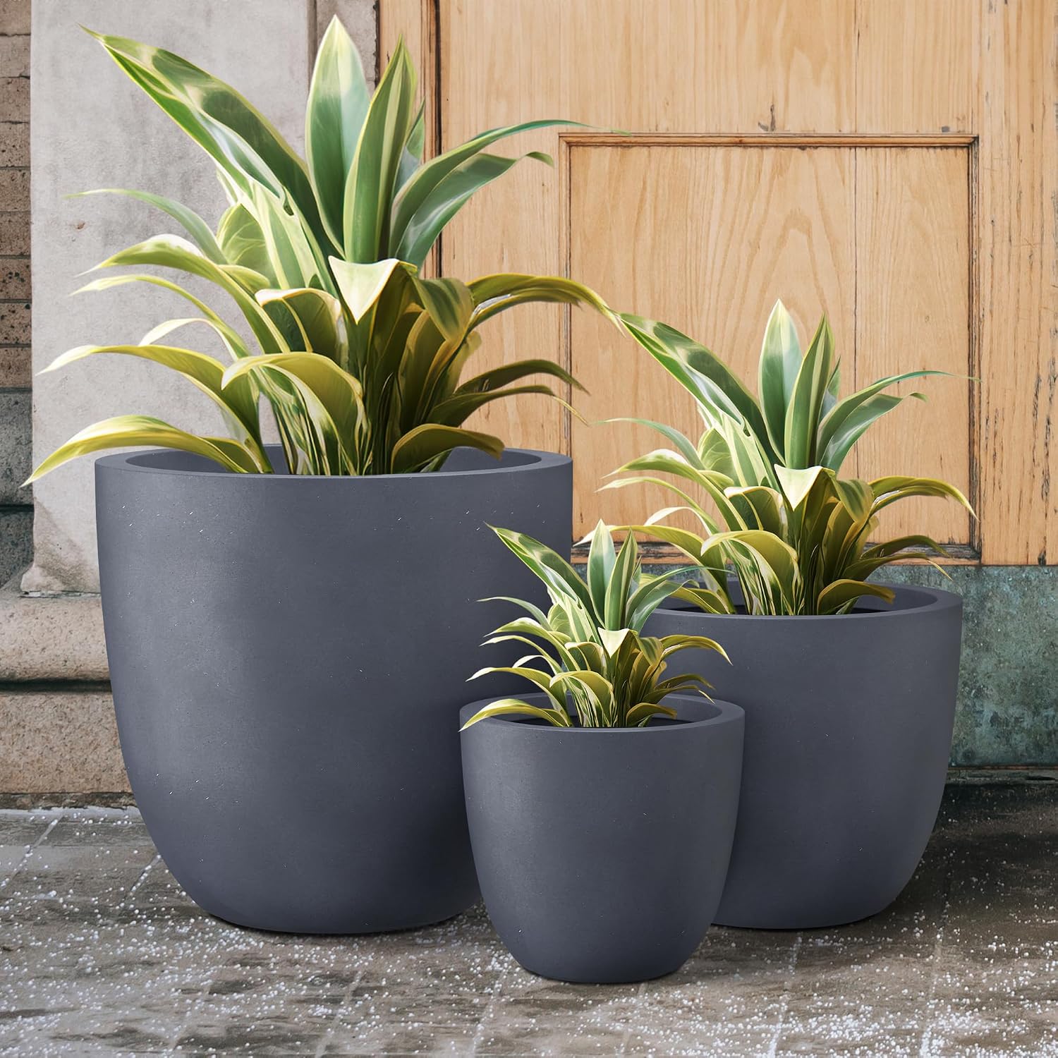 Kante 18',14',10' Dia Concrete Round Planters (Set of 3), Outdoor Indoor Large Planter Pots with Drainage Hole and Rubber Plug for Home Patio Garden, Charcoal