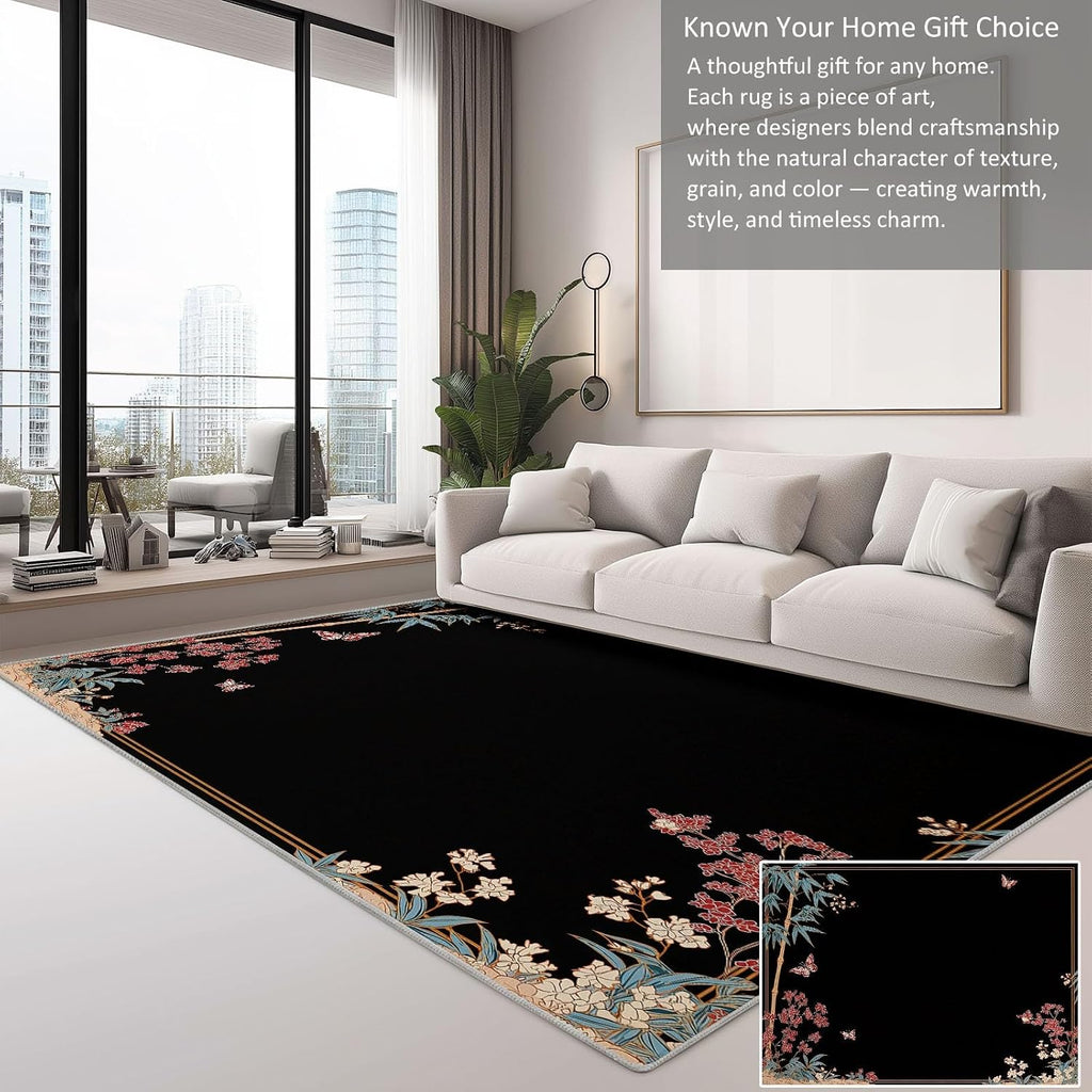 Japanese Plants Flowers Bamboo Area Rugs 5 x 7 ft for Kids Room Boys Girls, Black Polyester Indoor Carpet - Machine Washable Non-Slip Soft Printed Rug for Bedroom Living Room Decor