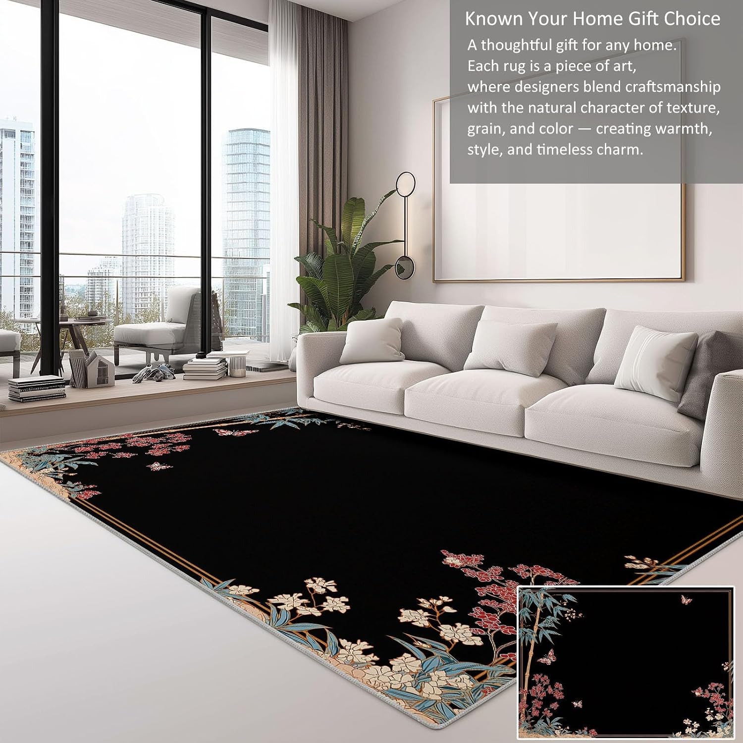 Japanese Plants Flowers Bamboo Area Rugs 5 x 7 ft for Kids Room Boys Girls, Black Polyester Indoor Carpet - Machine Washable Non-Slip Soft Printed Rug for Bedroom Living Room Decor