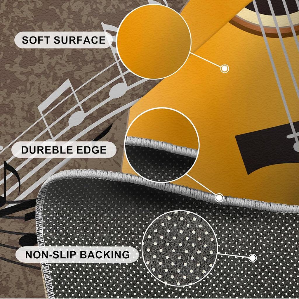 Yellow Hip-Hop Rock Music Guitar Area Rug, Black White Musical Notes Grunge Style Indoor Non-Slip Kids Rugs, Machine Washable Breathable Durable Carpet for Front Entrance Floor Decor,6 x 8ft
