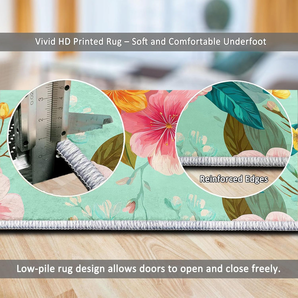 Pastoral Living Room Carpet 5 x 7 ft Area Rug, Washable Non-Slip Indoor Carpet for Bedroom - Plants Floral Mint Green Print Kids Rug for Nursery Playroom Classroom Dorm Office Dining Room