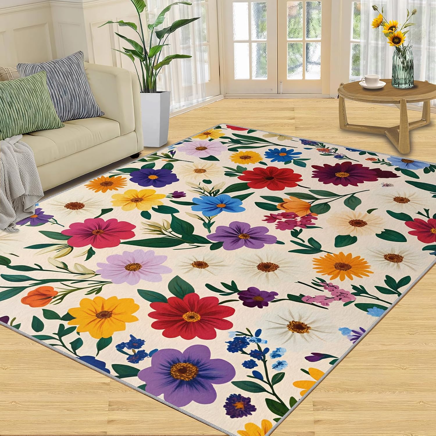 Floral Rugs for Living Room 6x8 Rug, Vintage Floral Area Rug, Boho Flowers Rugs, Large Machine Washable Rug, Non-Slip Floor Carpet for Bedroom Kids Room Home Decor