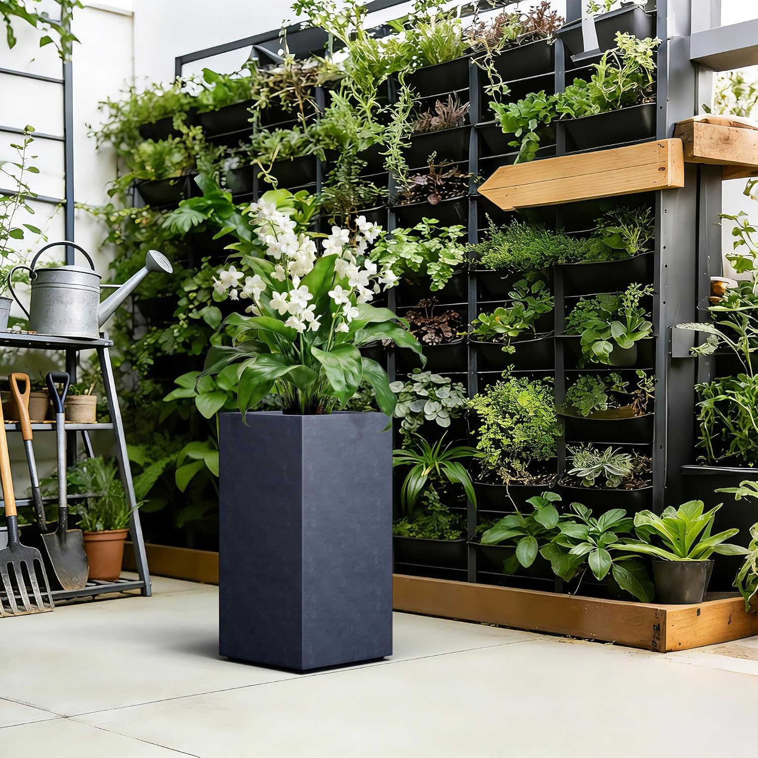 Kante 27.6' H Tall Rectangular Concrete Planter, Modern Square Diameter Plant Pot with Drainage Hole and Rubber Plug for Indoor Outdoor Home Patio Garden, Charcoal