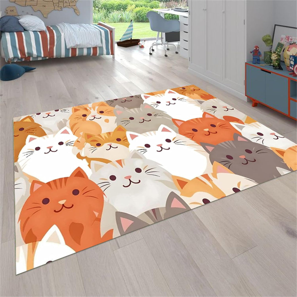 Cartoon Cat Area Rug，6x8ft,Orange Color Cat Carpet Kids Rug，Cute Printscat Rug for Bedroom,Non-Slip Washable Carpet Suitable for Living Room, Kindergarten, Children's Room Decoration