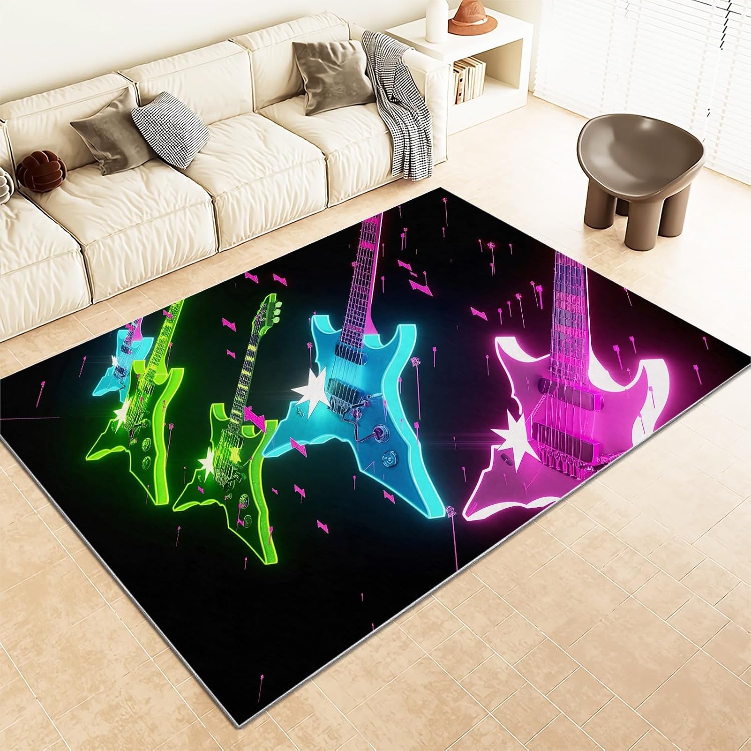 Washable Area Rugs 6x9 ft Colorful Guitar Musical Instrument Living Room Rug Non-Slip Indoor Floor Carpet for Bedroom Nursery Kids Playroom Office Dining Room Home Decor