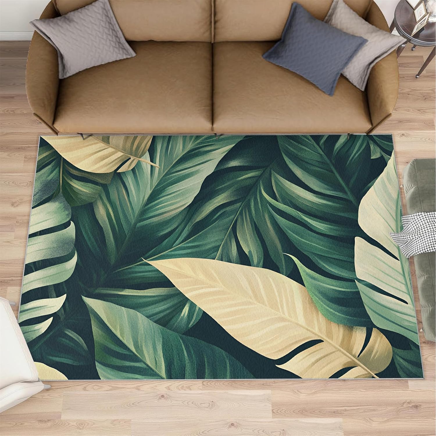 Leaves Area Rug - 6x9 Rug, Banana Leaf Rugs for Living Room, Tropical Botanicals Washable Rugs for Bedroom, Non Slip & Low Pile, Indoor Carpet & Home Decor