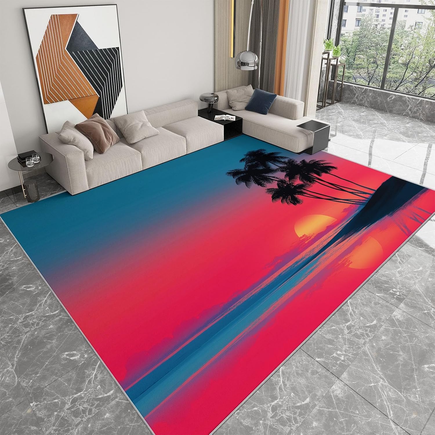 Area Rug 5 x 7 ft for Living Room, Nature Photography Washable Non-Slip Rug - Beach Sunset Palm Trees Low-Pile Print Carpet for Bedroom Dinning Room Entrance Farmhouse Indoor Home Decor