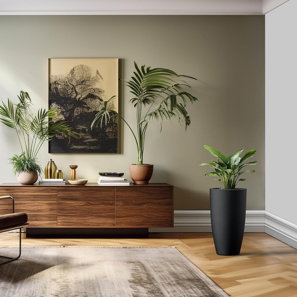 Kante 23.6' H Black Finish Concrete Tall Planters Large Outdoor Indoor Decorative Plant Pots with Drainage Hole and Rubber Plug, Modern Tapered Style for Home and Garden