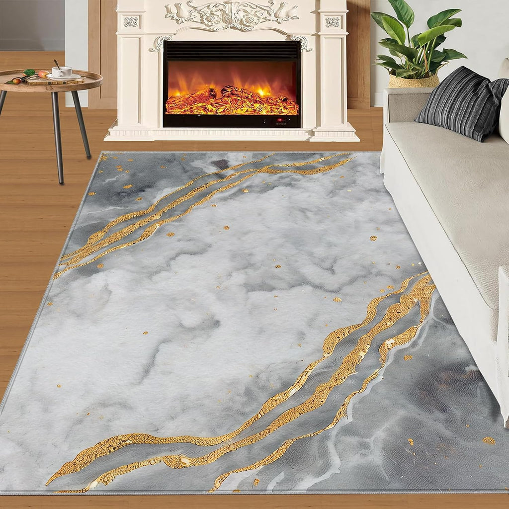 Marble Grey Area Rug, Nordic Abstract Gold Rugs for Living Room, Indoor Non-Slip Kids Rugs, Machine Washable Breathable Durable Carpet for Front Entrance Floor Decor,6 x 8ft