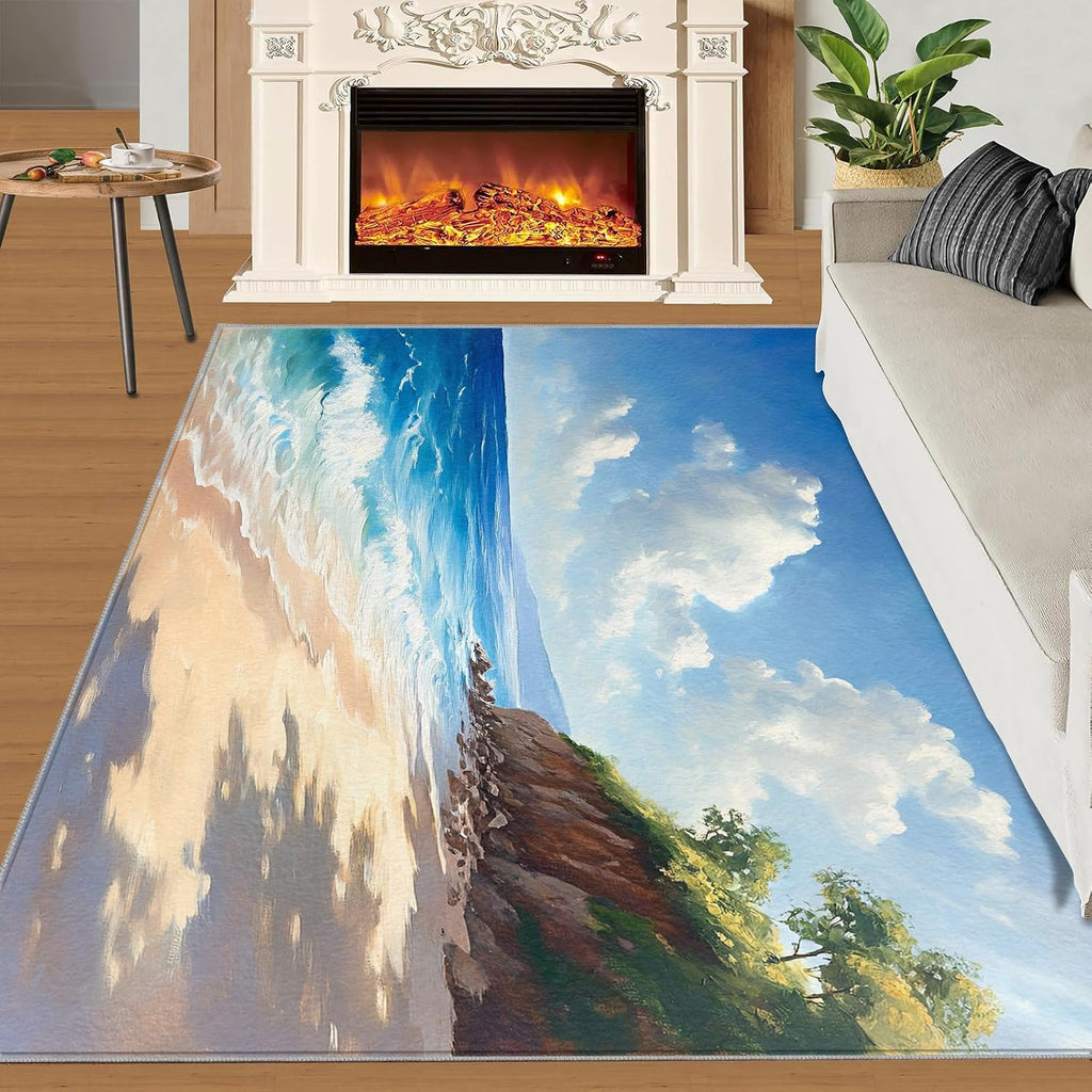 Beach Rug 6x8, Tropical Scenery Rugs for Living Room, Cartoon Rugs for Bedroom, Low Pile Washable Area Rug, Non Slip Carpet for Hardwood Floors