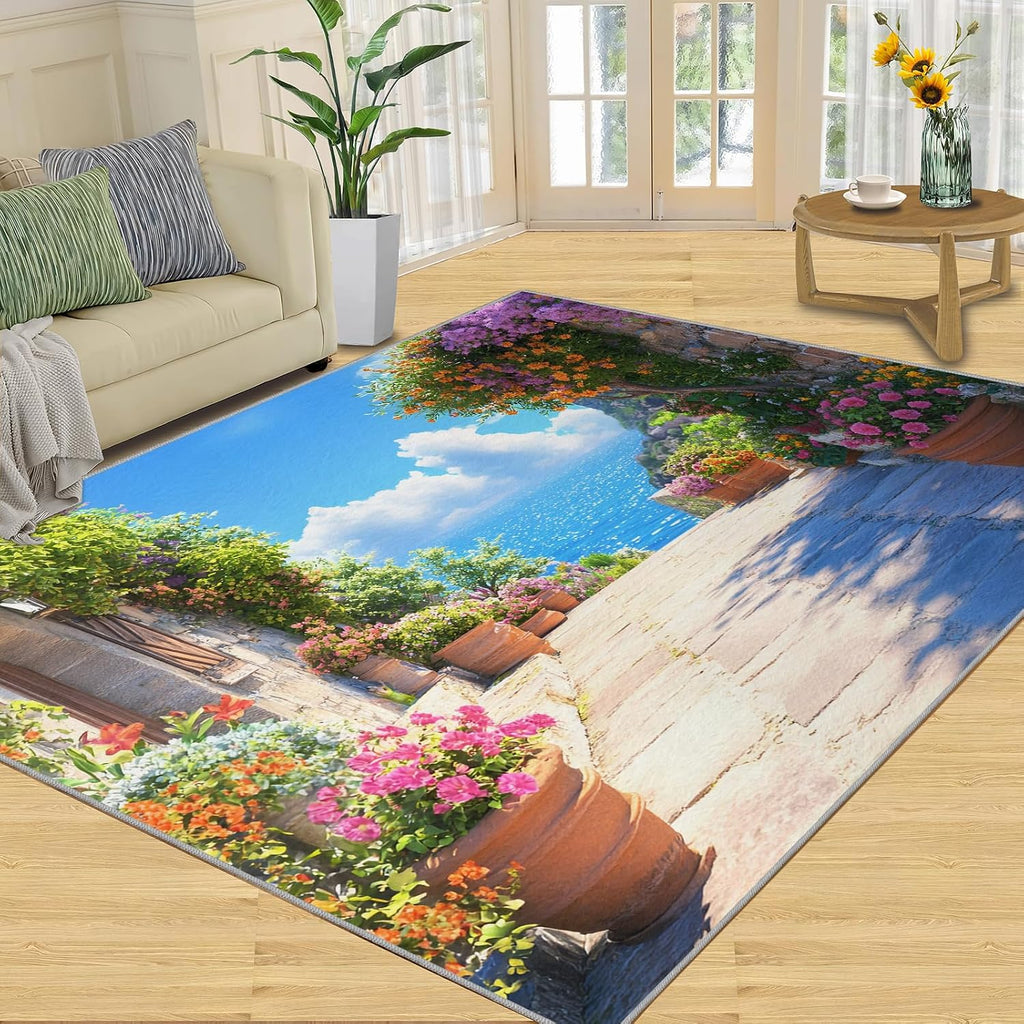 Tuscany Italy Rug 6x8-6x8 Rug, Italian Flowers Area Rugs for Bedroom, Coastal Rugs for Living Room, Landscape Washable Carpet, Italy Home Decor & Gifts