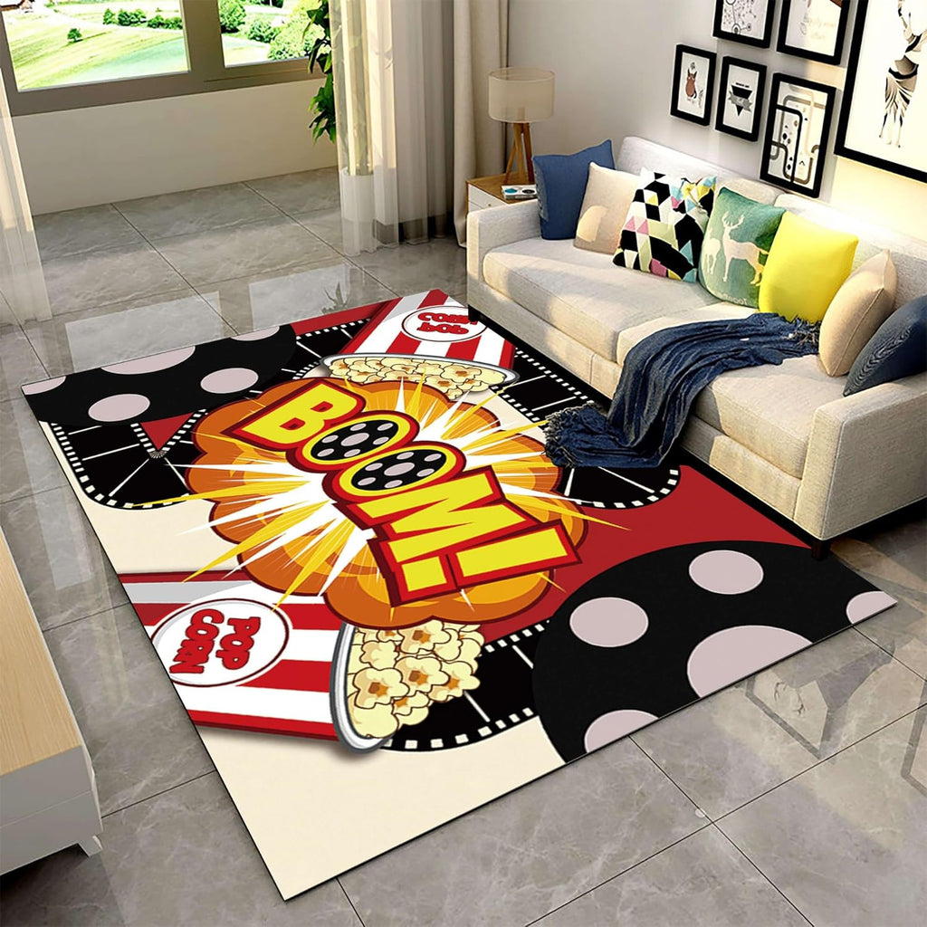 Cartoon Movie Area Rug,6x8ft,3D Cinema Object Patterned Carpet,Popcorn Theme Rugs,Kitchen Interior Non-Slip Washable Carpet Suitable for Restaurant Nursery Home Theater