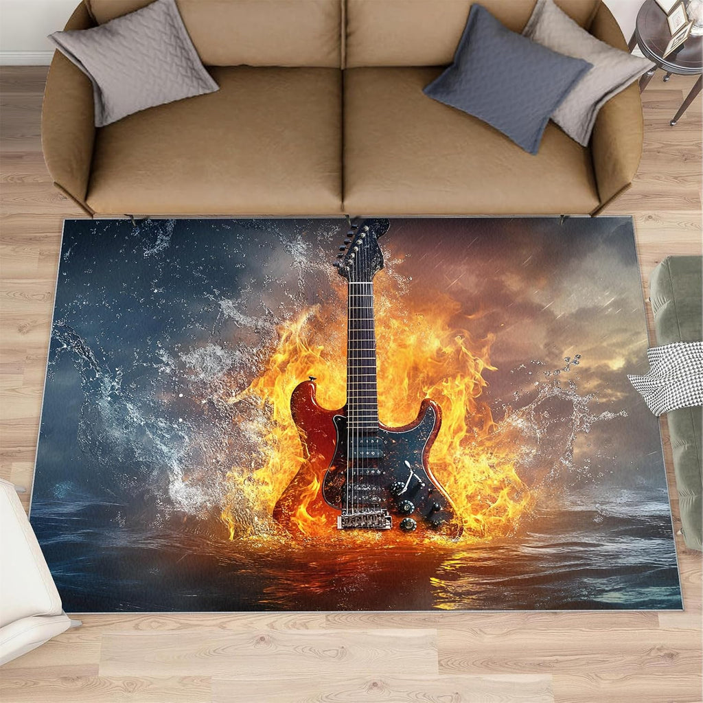 Guitar Area Rug 6x9, Music Rugs for Living Room, Water and Fire Guitar Bedroom Rug, Machine Washable Rugs for Sofa Kitchen Dining, Non-Slip Home Decor Carpet