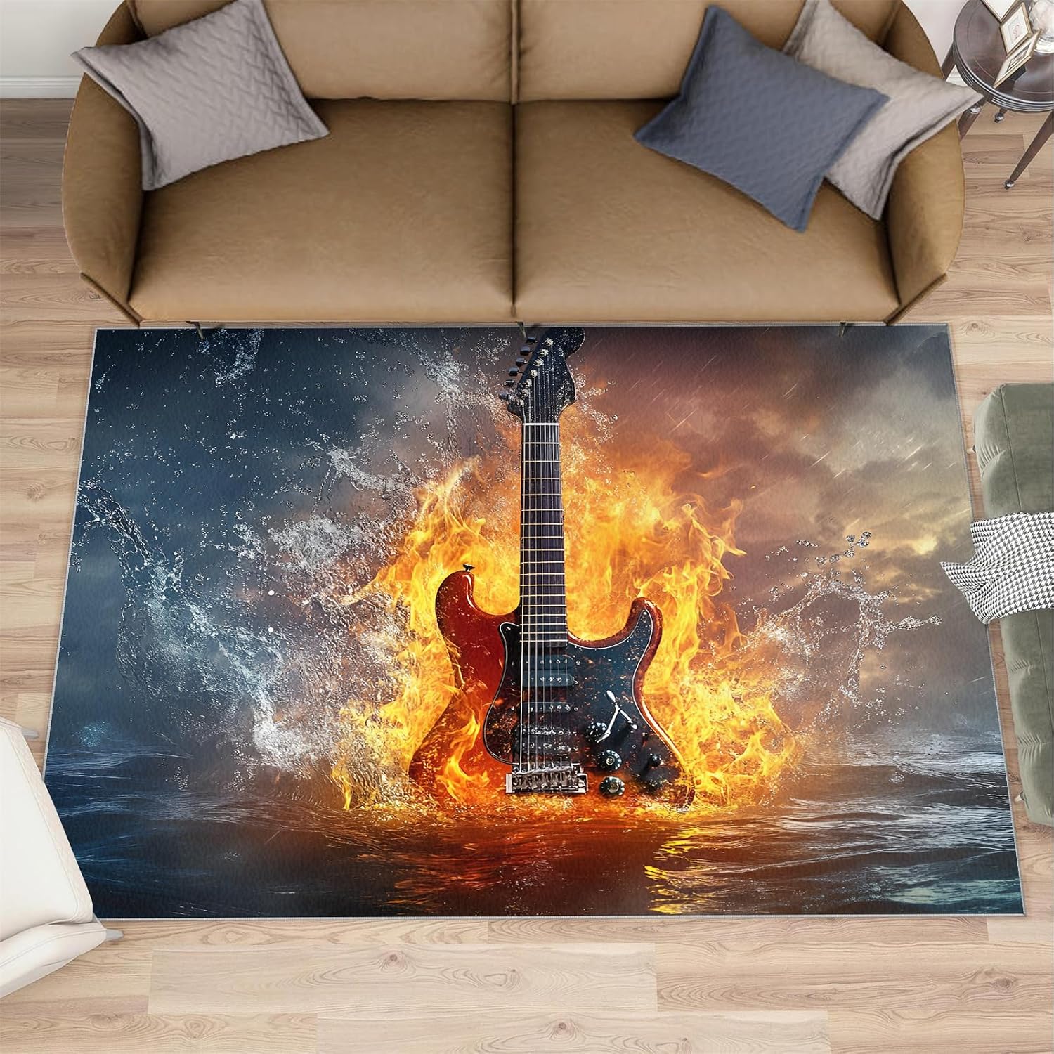 Guitar Area Rug 5x8, Music Rugs for Living Room, Water and Fire Guitar Bedroom Rug, Machine Washable Rugs for Sofa Kitchen Dining, Non-Slip Home Decor Carpet