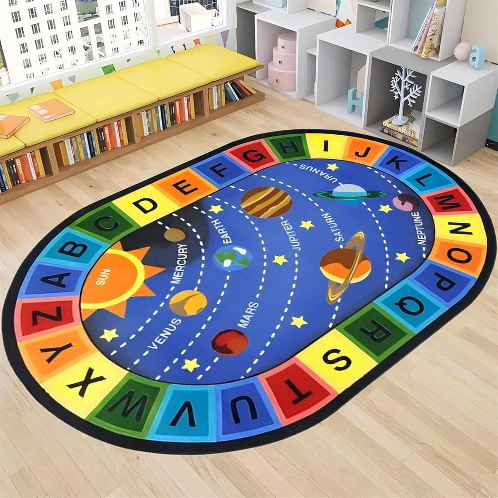 Children's Educational Learning Area Rugs,6x8ft,ABC Alphabet Planet Fun Classroom Carpet, Large Oval Non-Slip Washable Game Mat, Suitable for Children's Room Bedroom Playroom Decorative Carpet