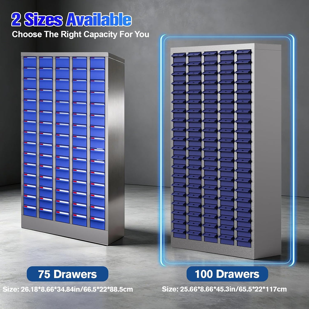 100 Drawers Nut and Bolt Organizer, 45 Inch Tall Steel Hardware Organizer with Adjustable Dividers & Labels, Large Capacity Heavy Duty Parts Cabinet for Garage Workshop Industrial Use