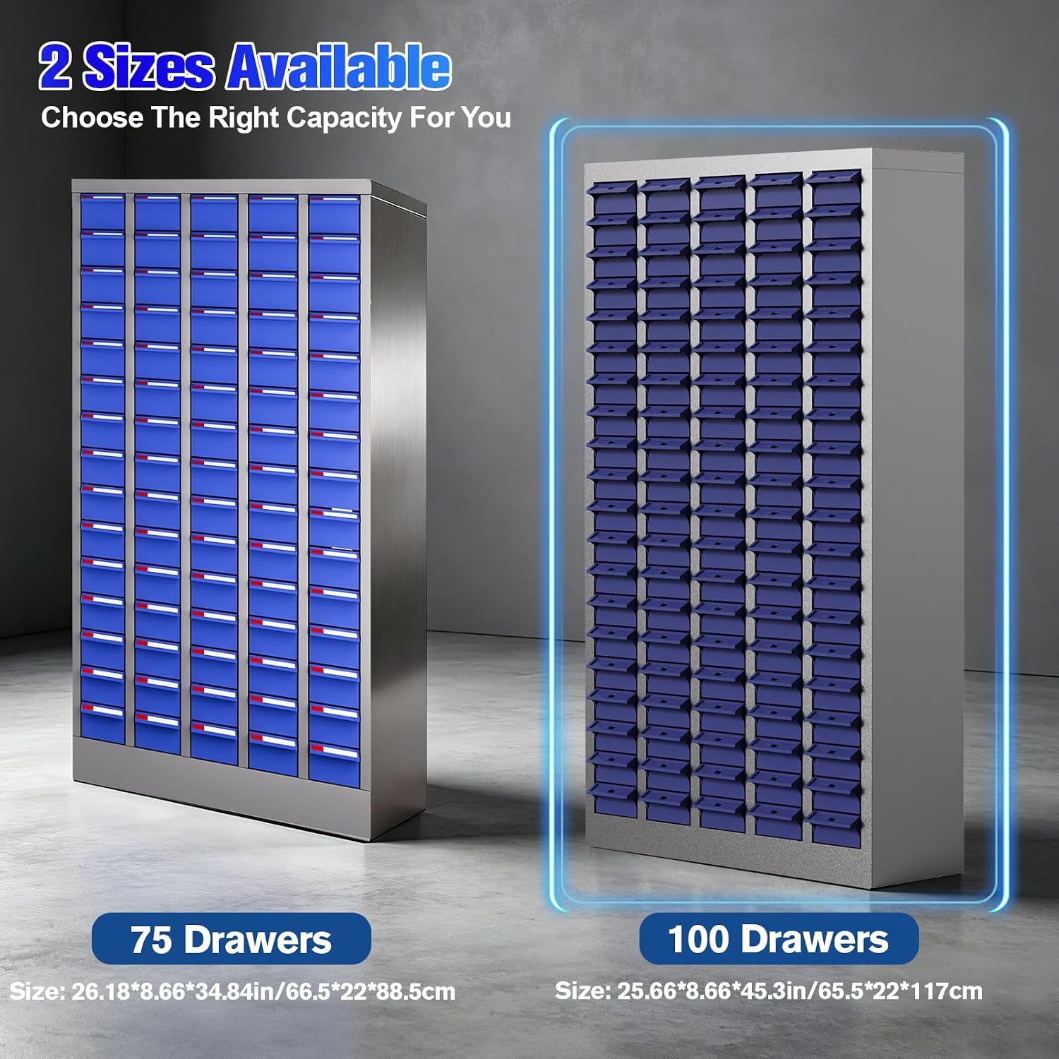 100 Drawers Nut and Bolt Organizer, 45 Inch Tall Steel Hardware Organizer with Adjustable Dividers & Labels, Large Capacity Heavy Duty Parts Cabinet for Garage Workshop Industrial Use