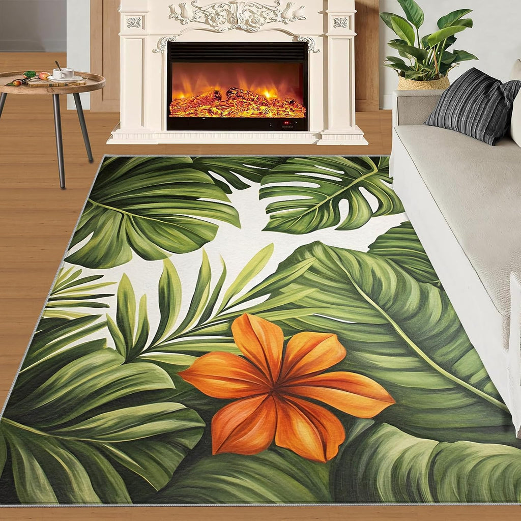 Hibiscus Monstera Rugs for Bedroom - 6x8 Rug, Floral Area Rugs for Living Room, Green Botanical Carpet, Botanical Washable Area Mat, Tropical Leaves Carpet, Floral Home Decor & Gifts