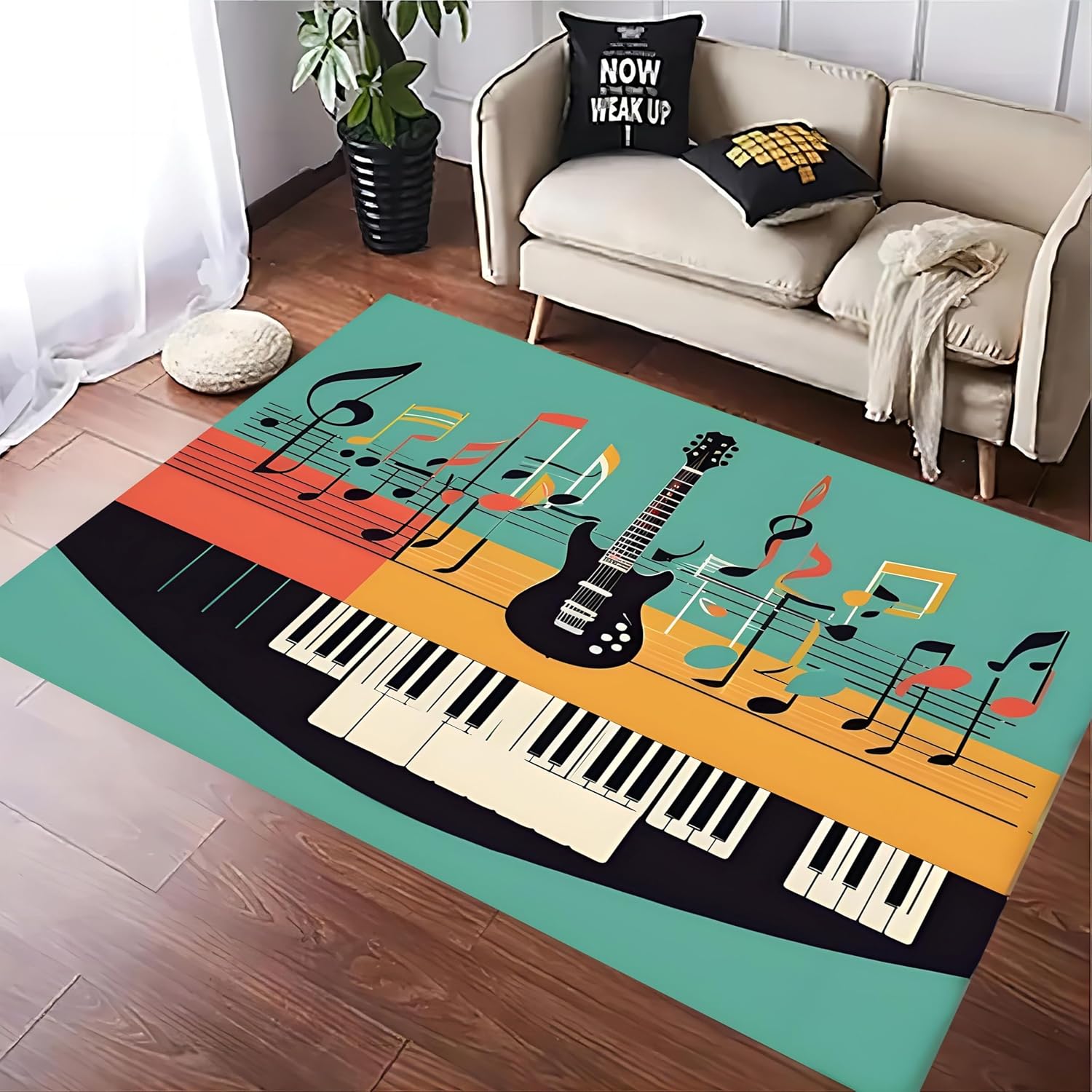 Music Area Rugs，6x8ft Abstract Piano Music Living Room Non-Slip Carpet，Colorful Musical Note Electric Guitar Decorative Carpet，for Indoor Carpets for High Traffic Areas Easy Clean Large Rug